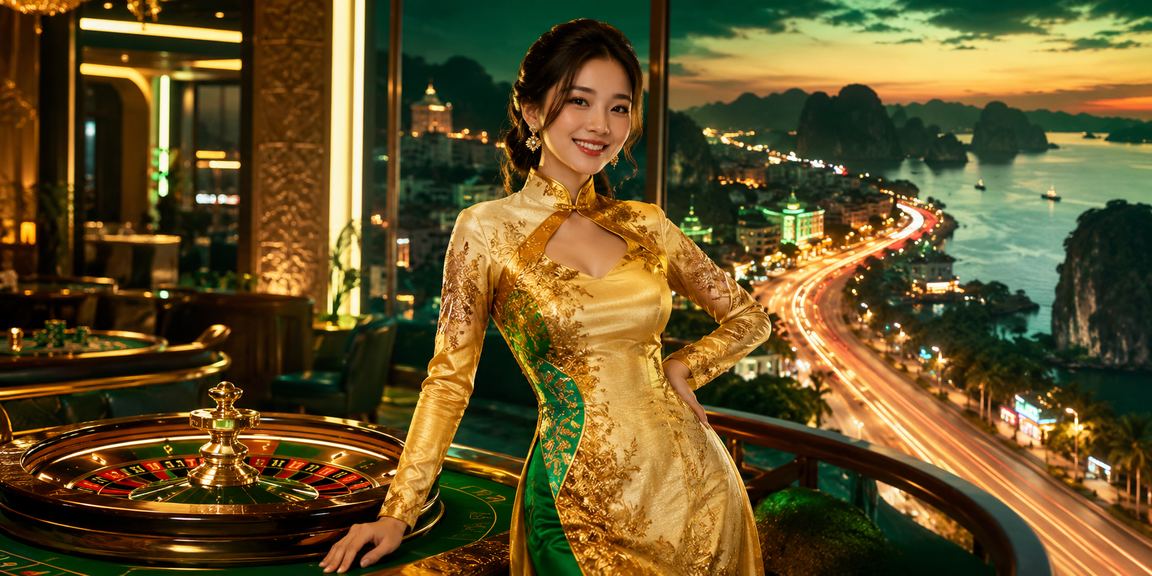 Người mặc áo dài chơi roulette với khung cảnh Vịnh Hạ Long tươi đẹp phía sau